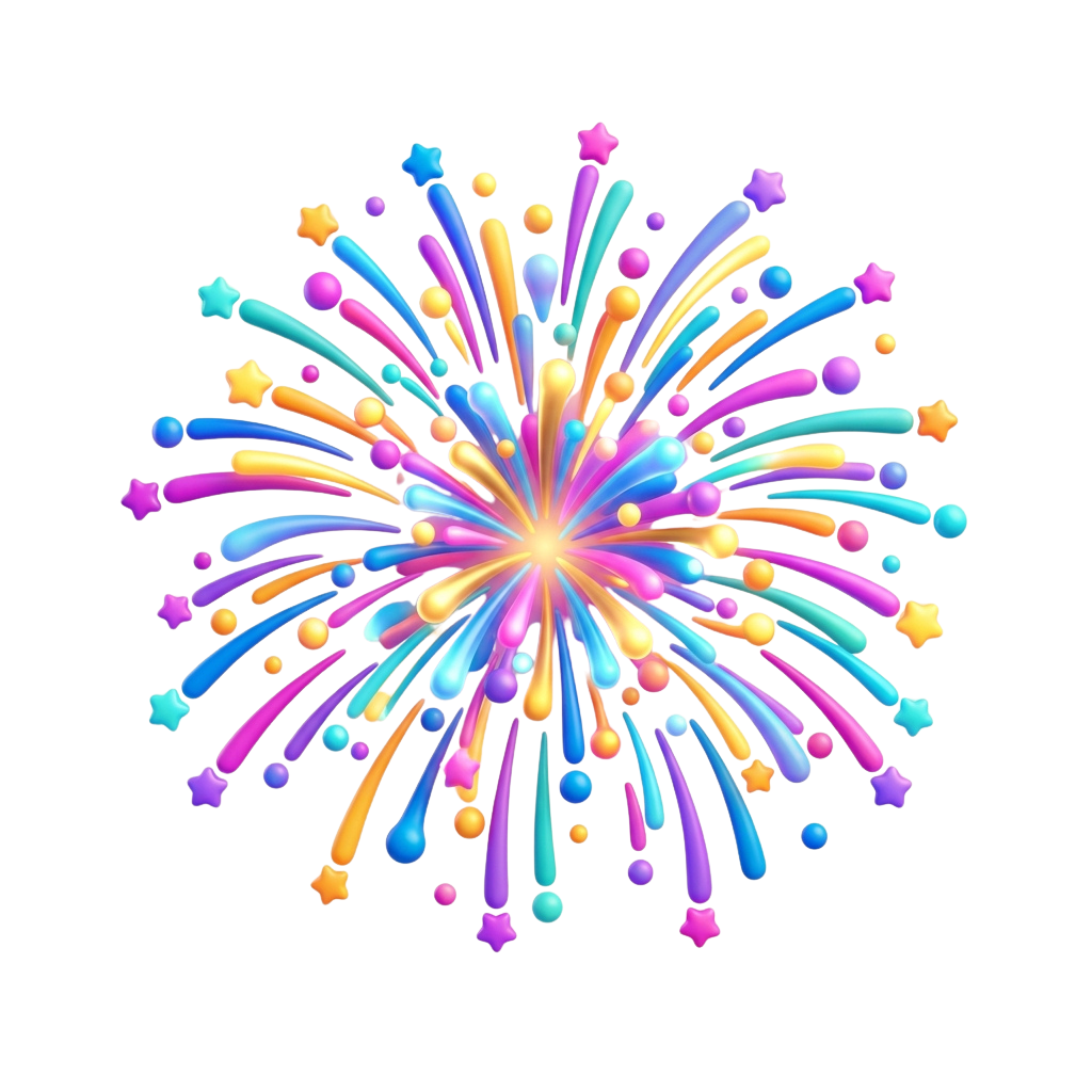 A vibrant digital fireworks explosion with colorful lights and sparkles radiating outward