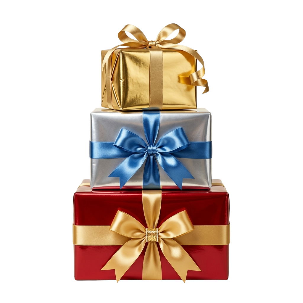 Three stacked gift boxes wrapped in shiny red, silver, and gold paper with decorative ribbons and bows