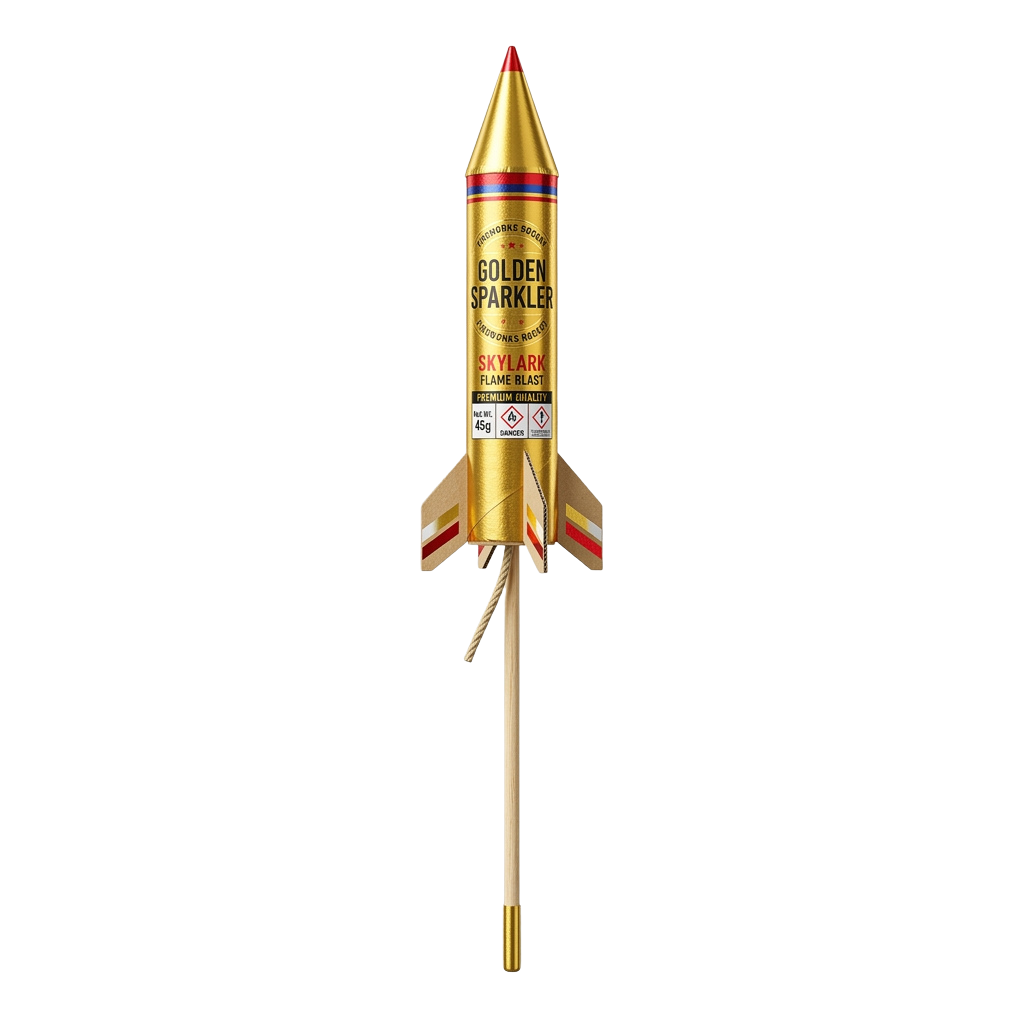Golden firework rocket labeled Skylark Flame Blast with red, white, and blue stripes on a black background