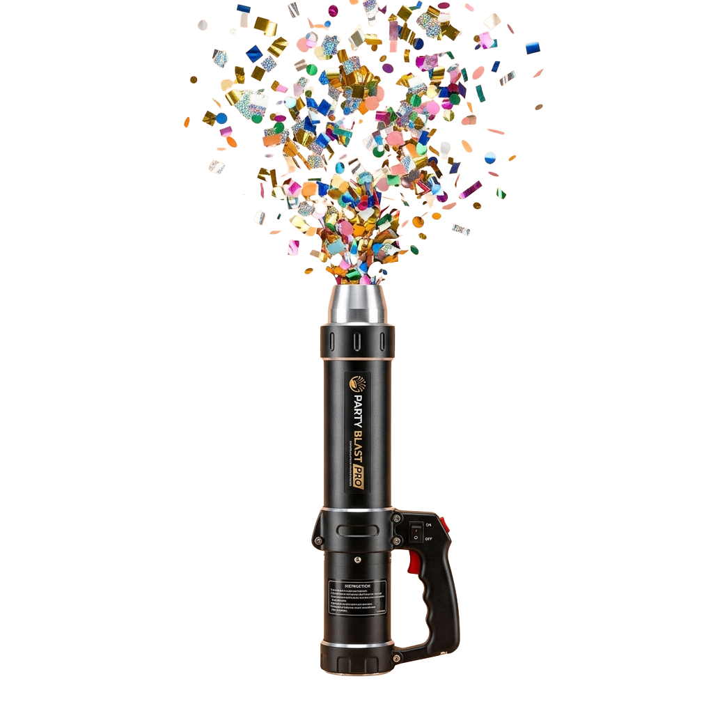 Black handheld confetti popper dispersing colorful confetti pieces into the air