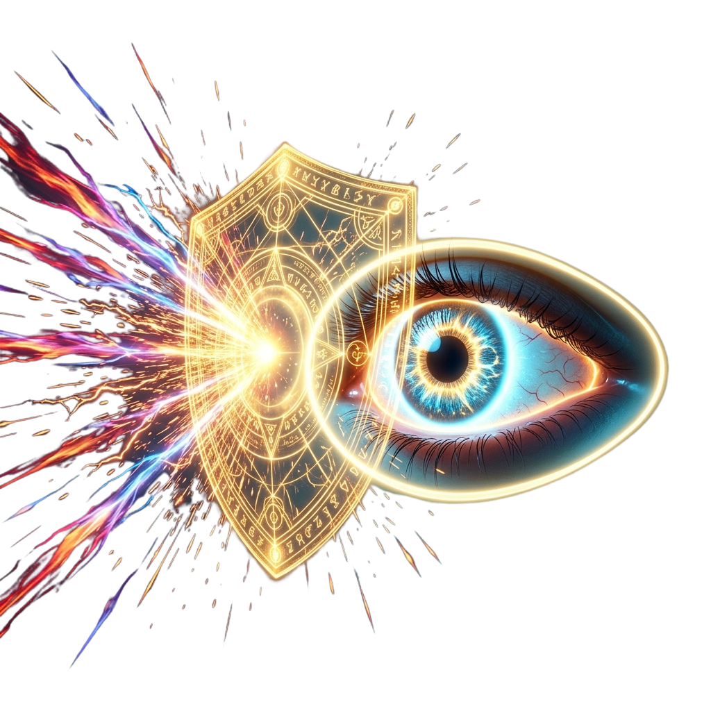 A glowing eye and shield with intricate designs emitting bright sparks against a dark background