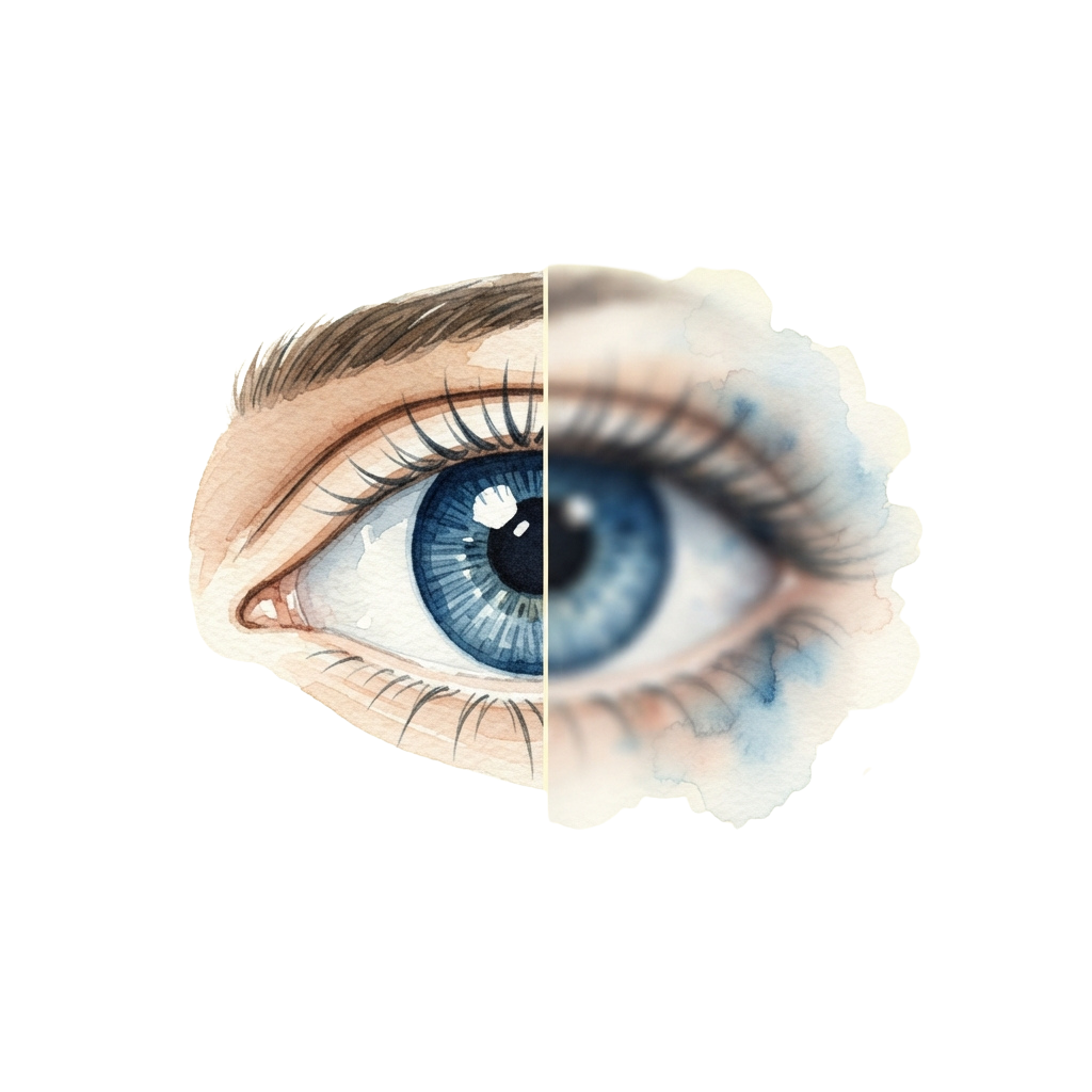 A split image of a human eye: one half realistic detailed, the other half watercolor style.