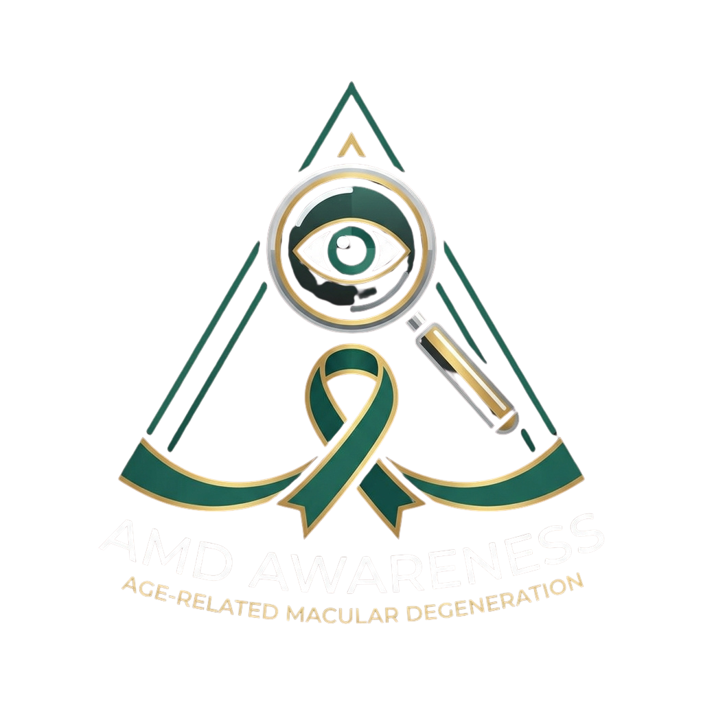 Logo for Age-Related Macular Degeneration awareness featuring an eye inside a magnifying glass and a green ribbon.
