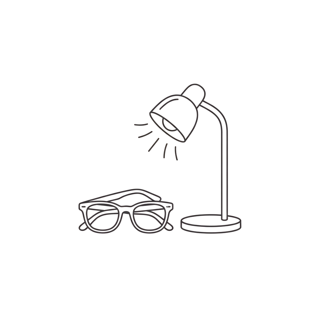 A simple line drawing of a desk lamp shining light and a pair of eyeglasses.