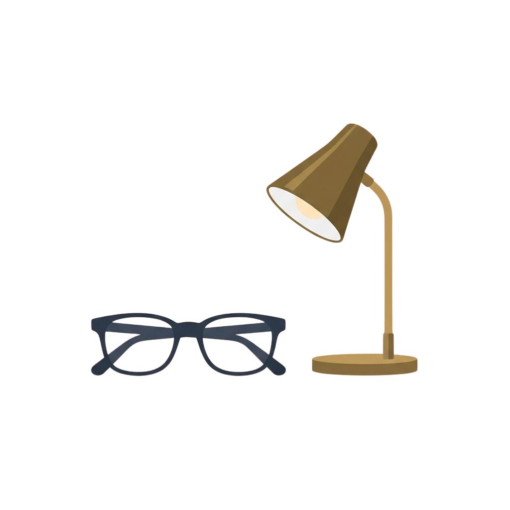 Illustration of a sleek desk lamp with a bright light and a pair of glasses beside it on a dark background