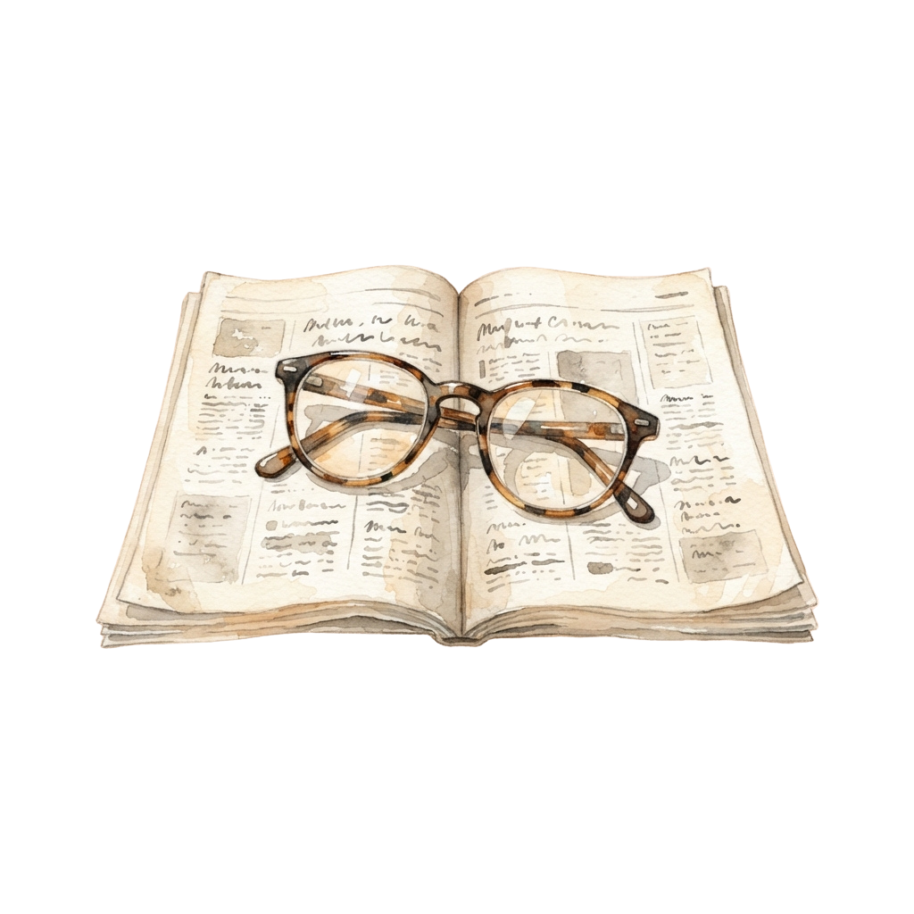 A pair of round, tortoiseshell glasses resting on an open book with text and annotations on the pages