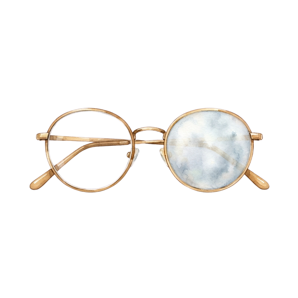 A pair of round gold-rimmed eyeglasses with one blue-tinted cat-eye lens.