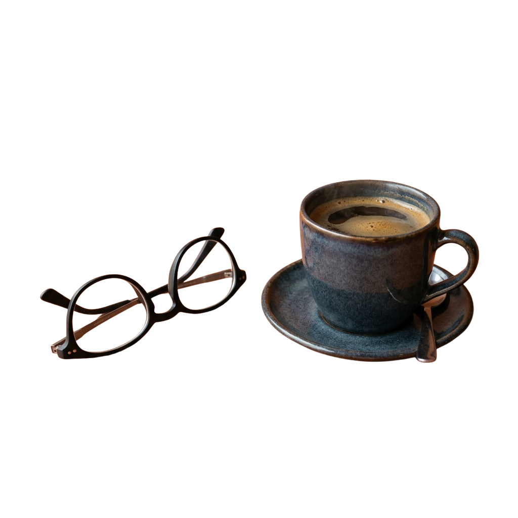 A cup of coffee with steam on a saucer next to a pair of glasses on a dark background