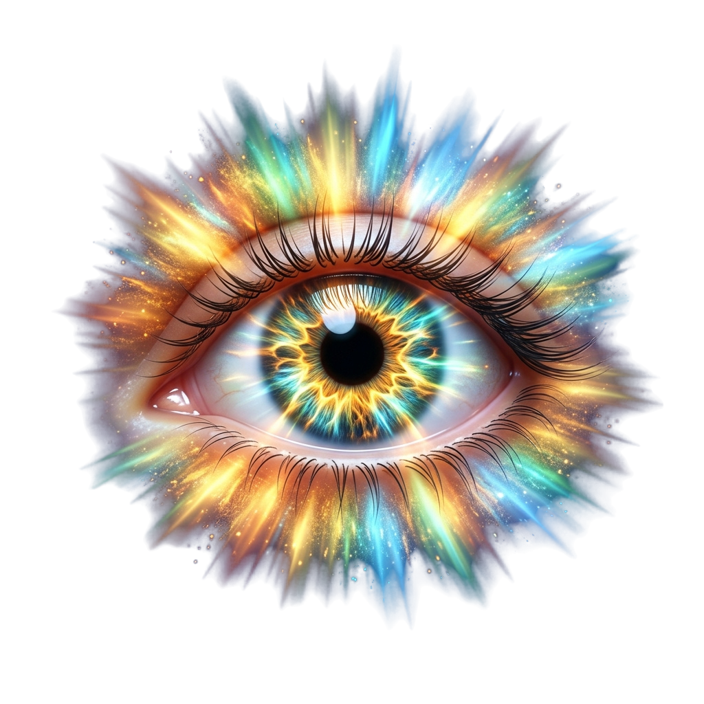 A stylized eye with vibrant, glowing beams radiating outward resembling cosmic energy.