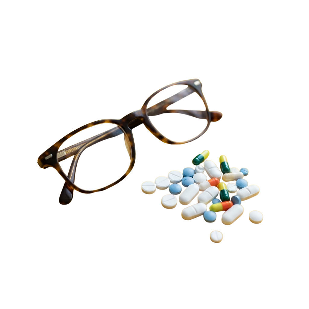 Pair of glasses resting next to a variety of colorful pills on a black background