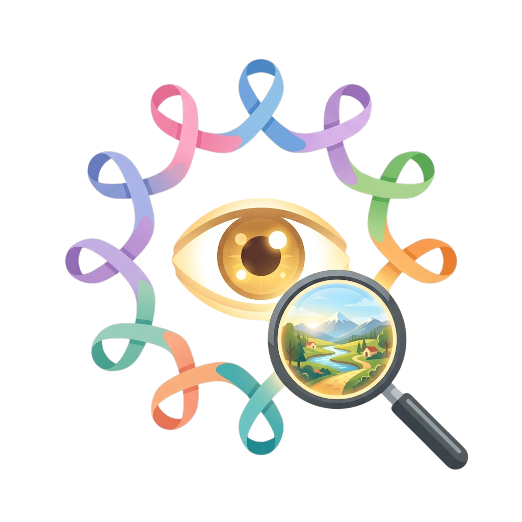 An eye with a magnifying glass showing a scenic landscape surrounded by colorful ribbon symbols.