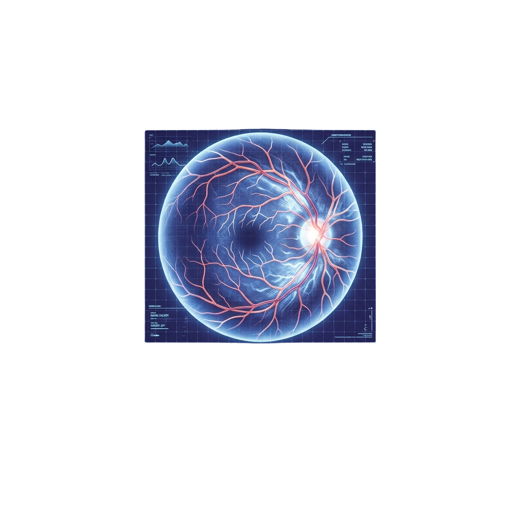 Illustration of the human retina showing blood vessels and optic disc in blue and red tones