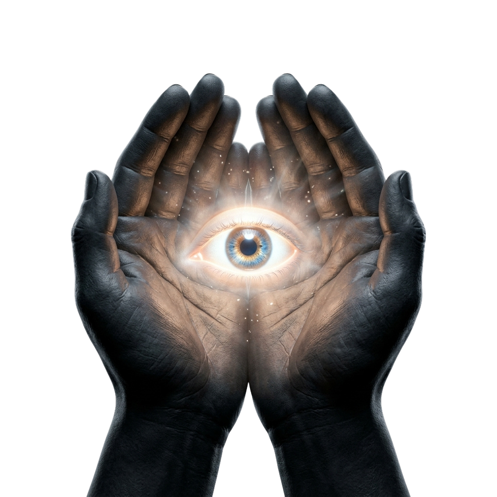 Two hands forming a frame around a glowing eye symbol with light rays emanating from it