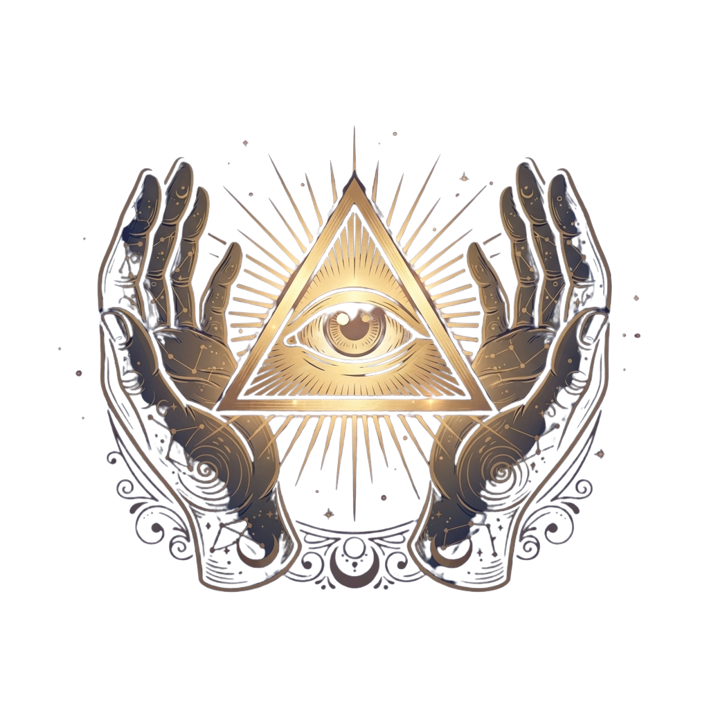 Illustration of two hands holding a glowing golden triangle with an eye symbol radiating light rays.