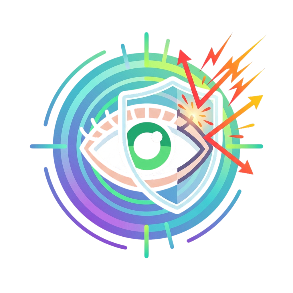 Illustration of an eye inside a screen emitting energy beams with concentric light rings around it