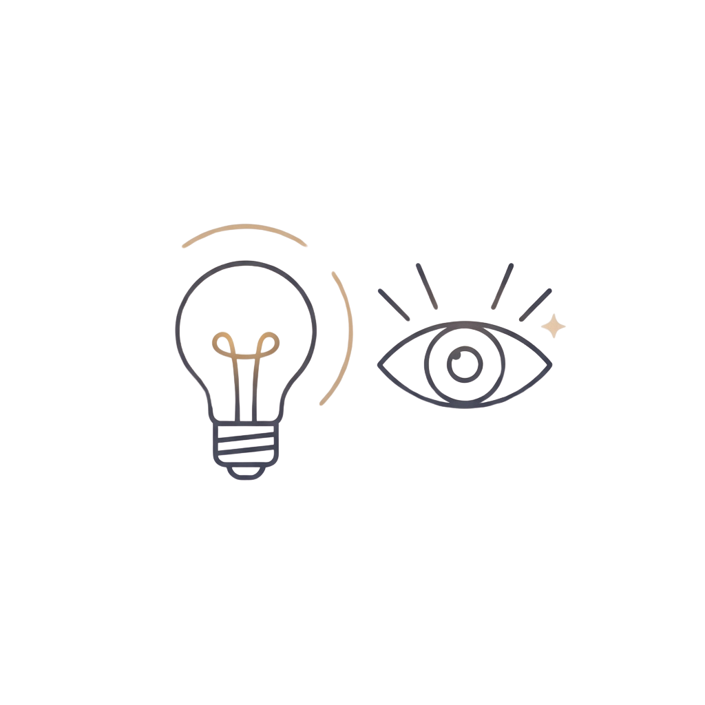 A lightbulb and an eye icon with rays, symbolizing ideas and vision.