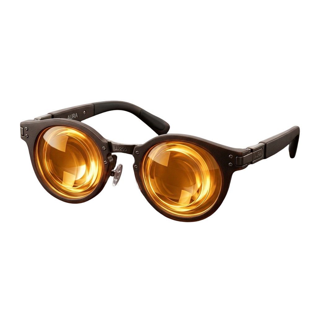 Pair of foldable glasses with round amber lenses and black frame on a dark background