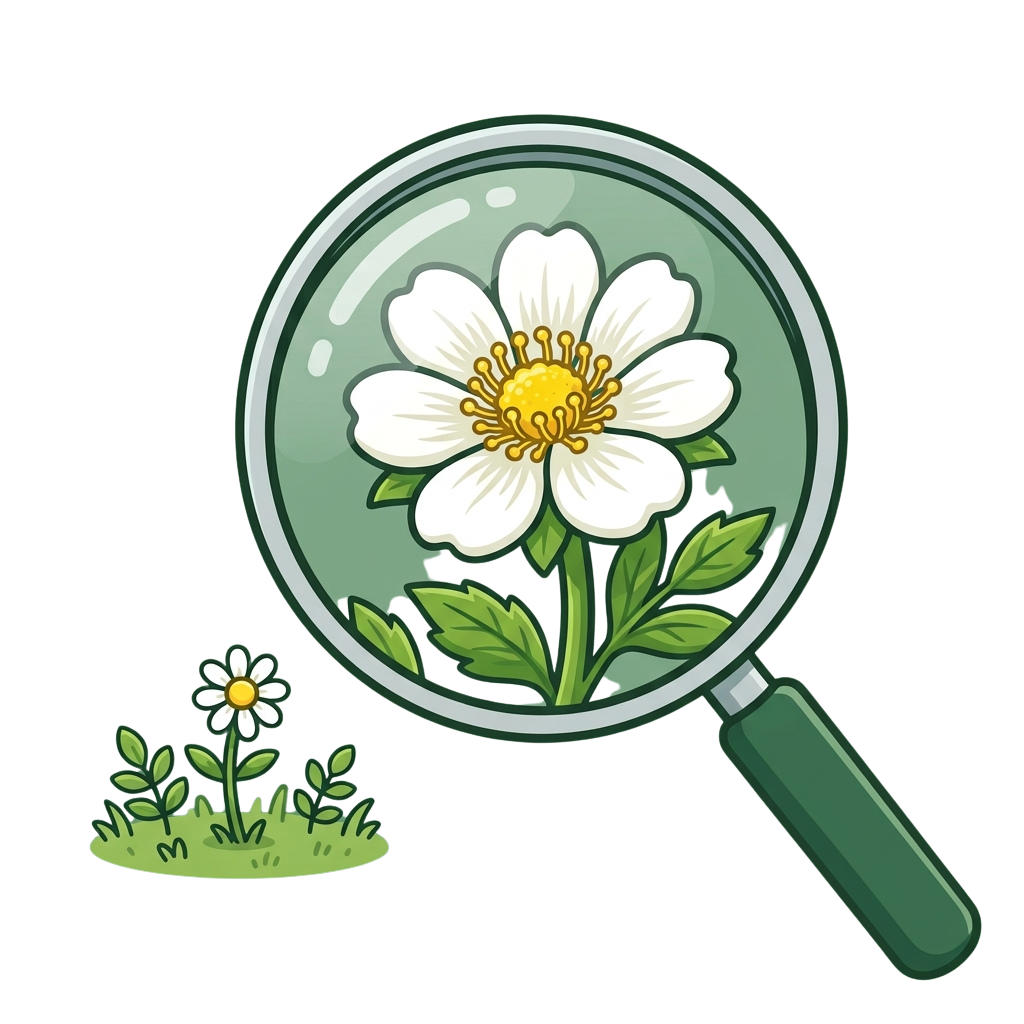 A magnifying glass zooms in on a white flower with yellow center, showing detailed petals and leaves, with a smaller daisy in the background.