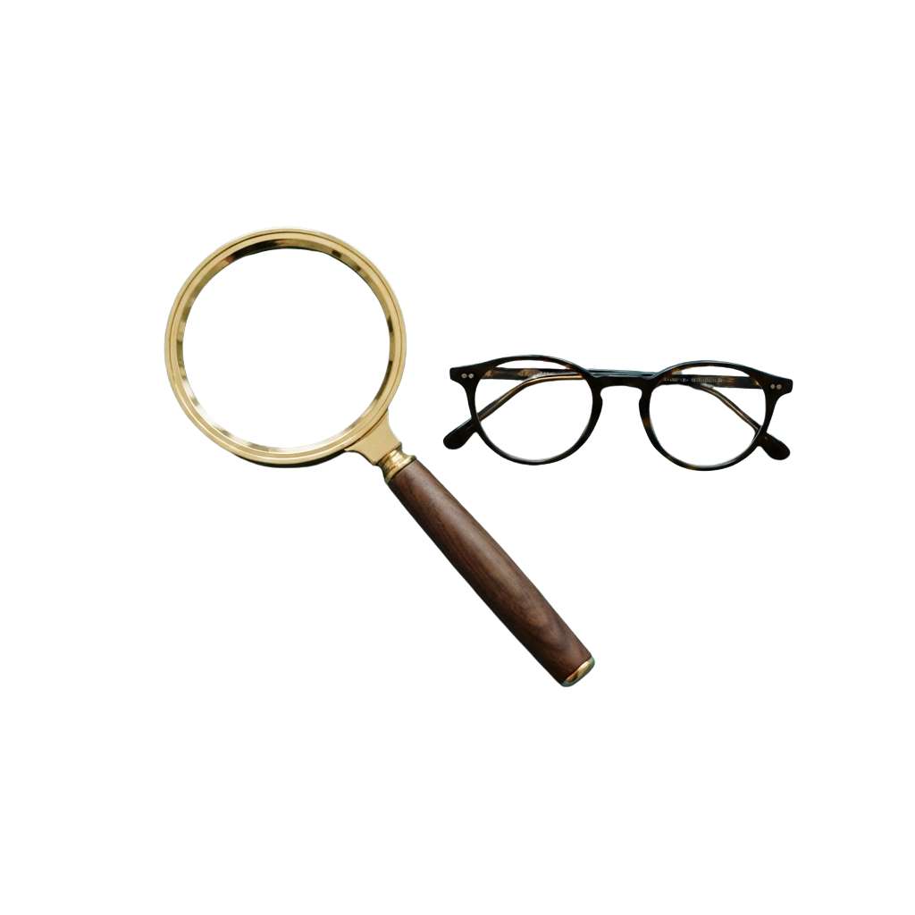 A magnifying glass with a wooden handle and a pair of rectangular eyeglasses on a black background