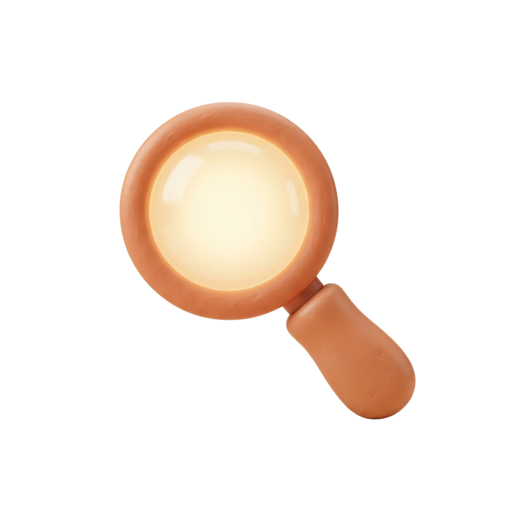 Illuminated magnifying glass with a bright light in the center against a black background