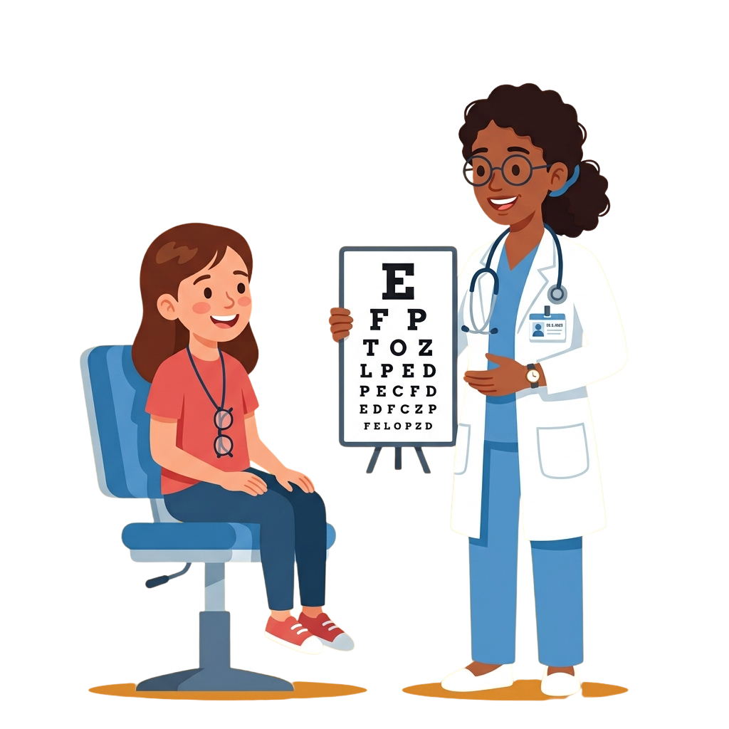 A doctor in a white coat holds an eye chart while a smiling child sits in a chair during an eye exam