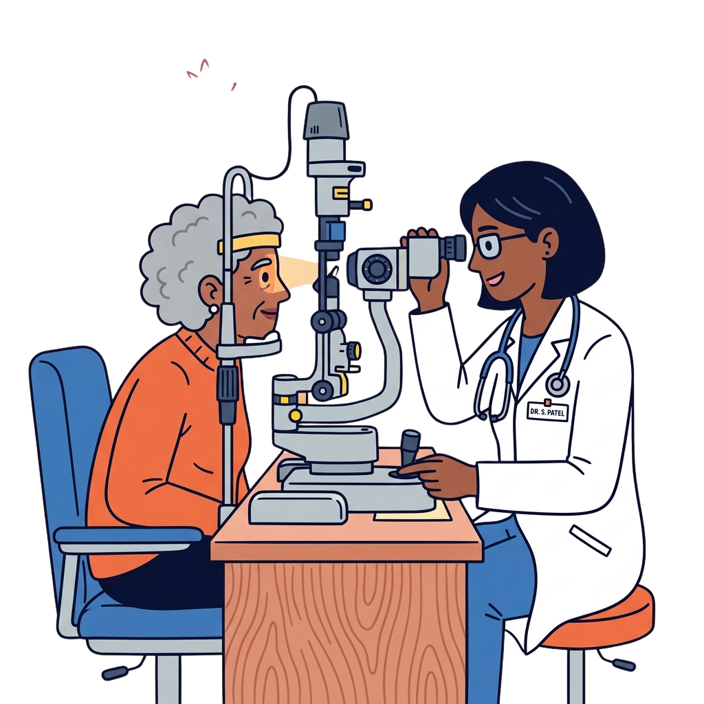 Illustration of an eye doctor examining a patient with an ophthalmoscope device