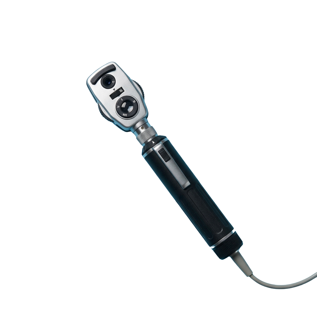 A handheld dermatoscope device with a magnifying lens and attached cord