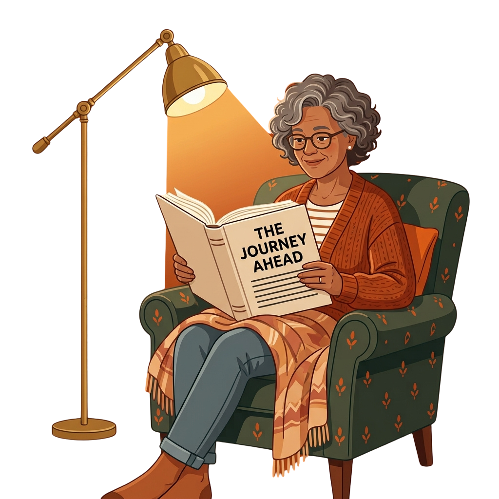 An elderly woman wearing glasses and a sweater reads a journal titled The Journey Ahead in a cozy armchair with a lamp.