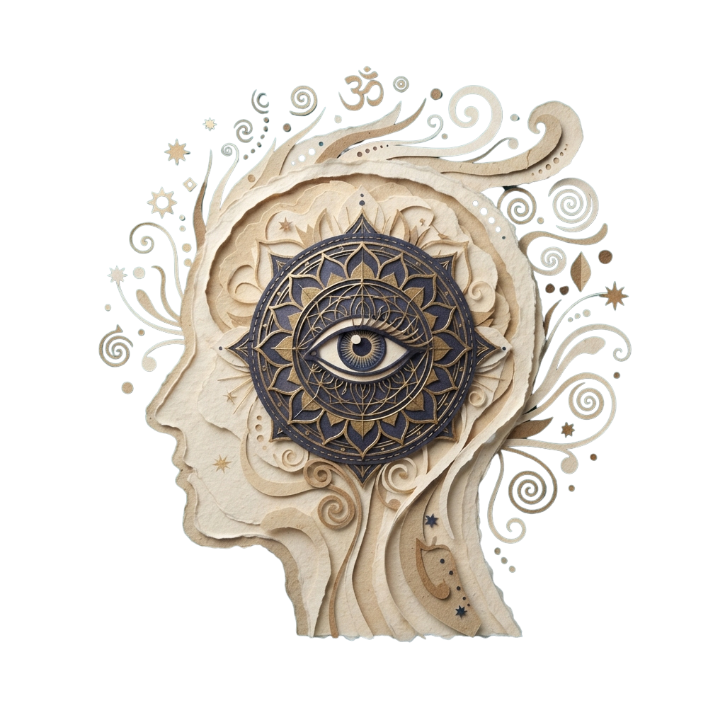 Illustration of a human head silhouette with a mandala eye in the brain area, surrounded by intricate swirl designs