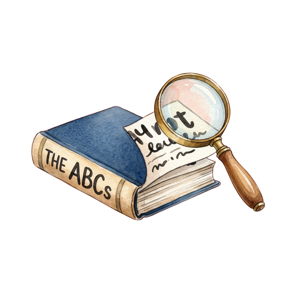 A book titled The ABCs with a magnifying glass focusing on a page of text