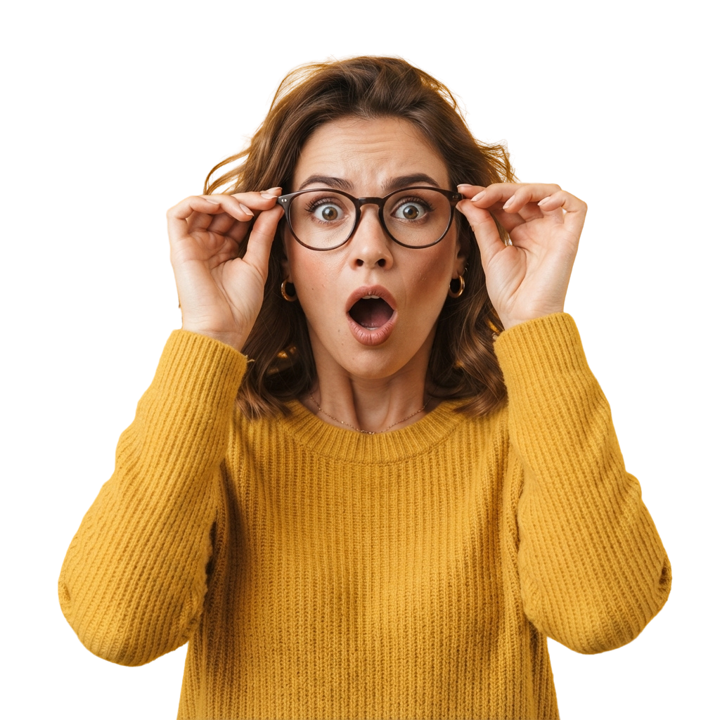 A woman with glasses looks surprised while holding her glasses up to her eyes in a yellow sweater
