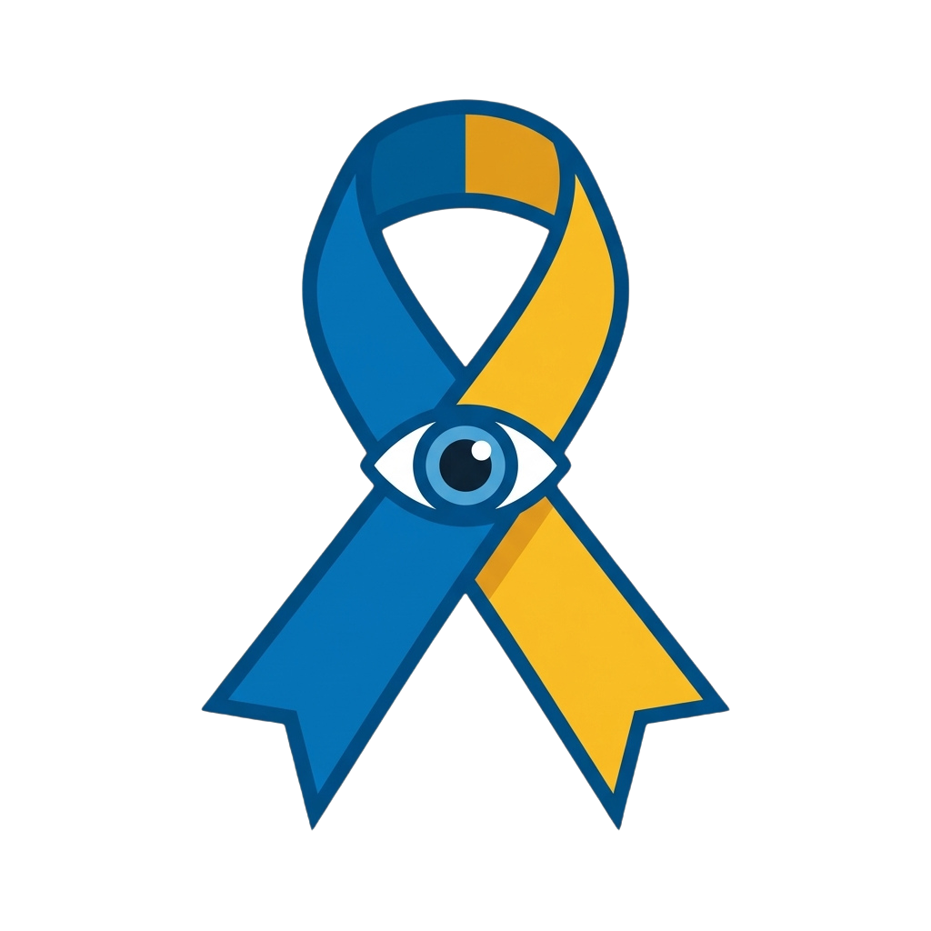 Awareness ribbon in blue and yellow with an eye symbol in the center