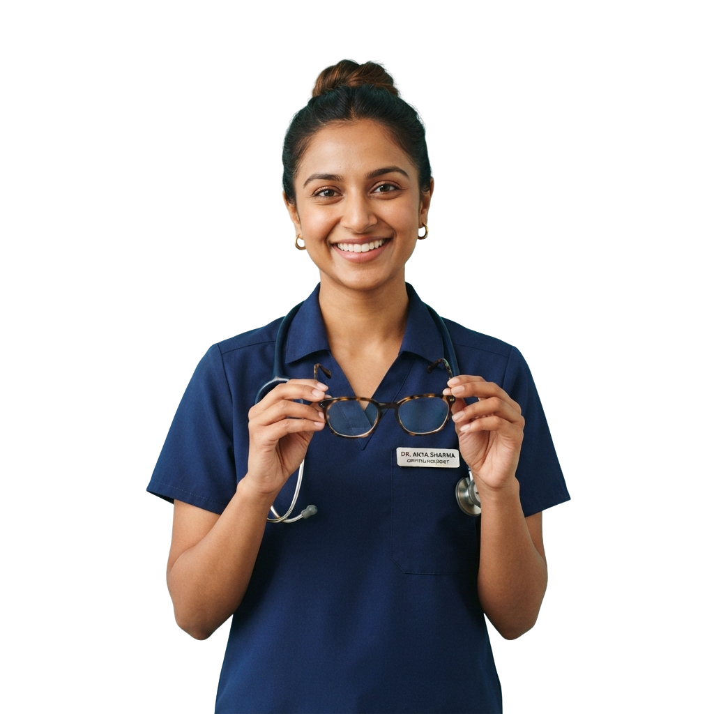Smiling female doctor in blue scrubs holding glasses and a stethoscope