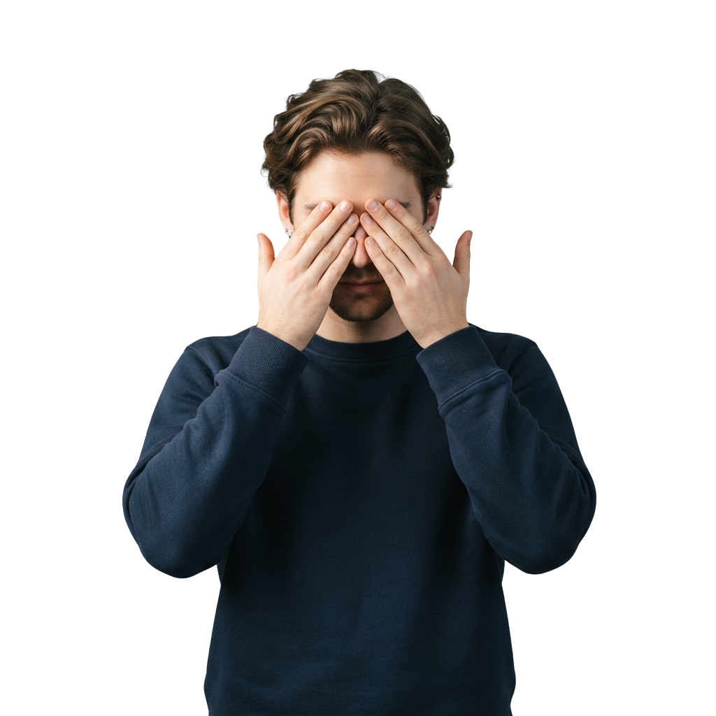 Person covering their eyes with both hands against a dark background