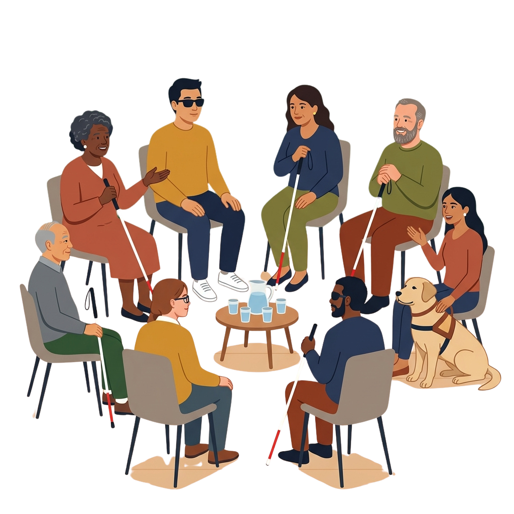Eight people using canes or guide dogs sitting in a circle, engaging in conversation and enjoying tea.