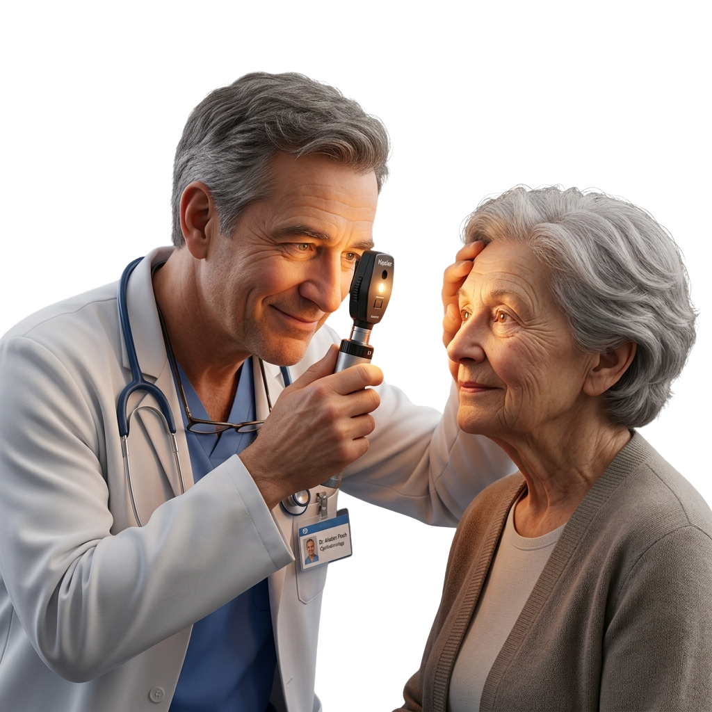 A doctor in a white coat examining an elderly woman's eye with an ophthalmoscope