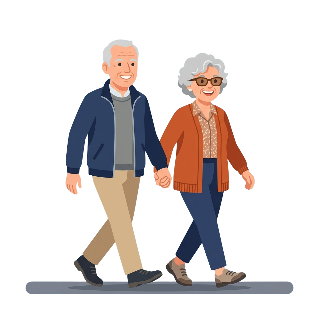 Illustration of an elderly man and woman walking hand in hand, smiling and dressed in casual clothing