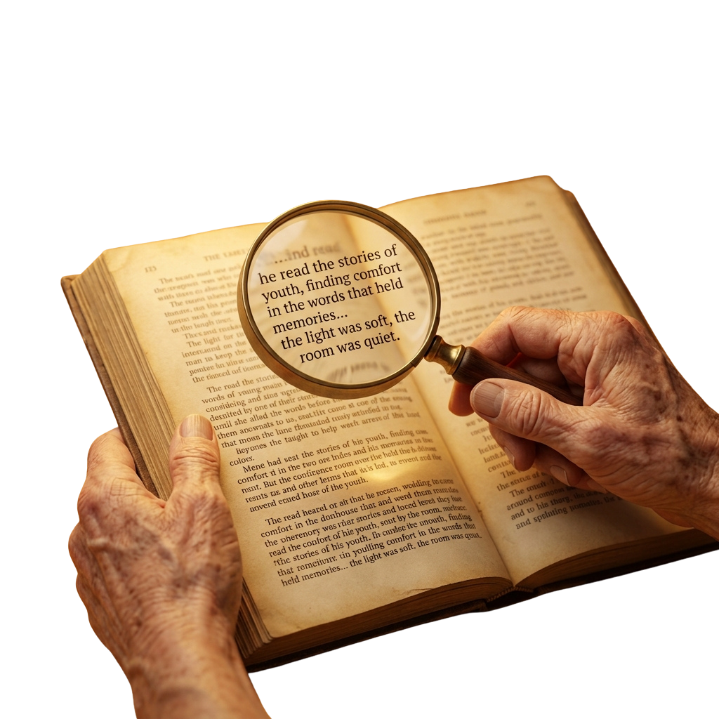 Hands of an older person holding an open book with a magnifying glass focusing on text about youth memories.