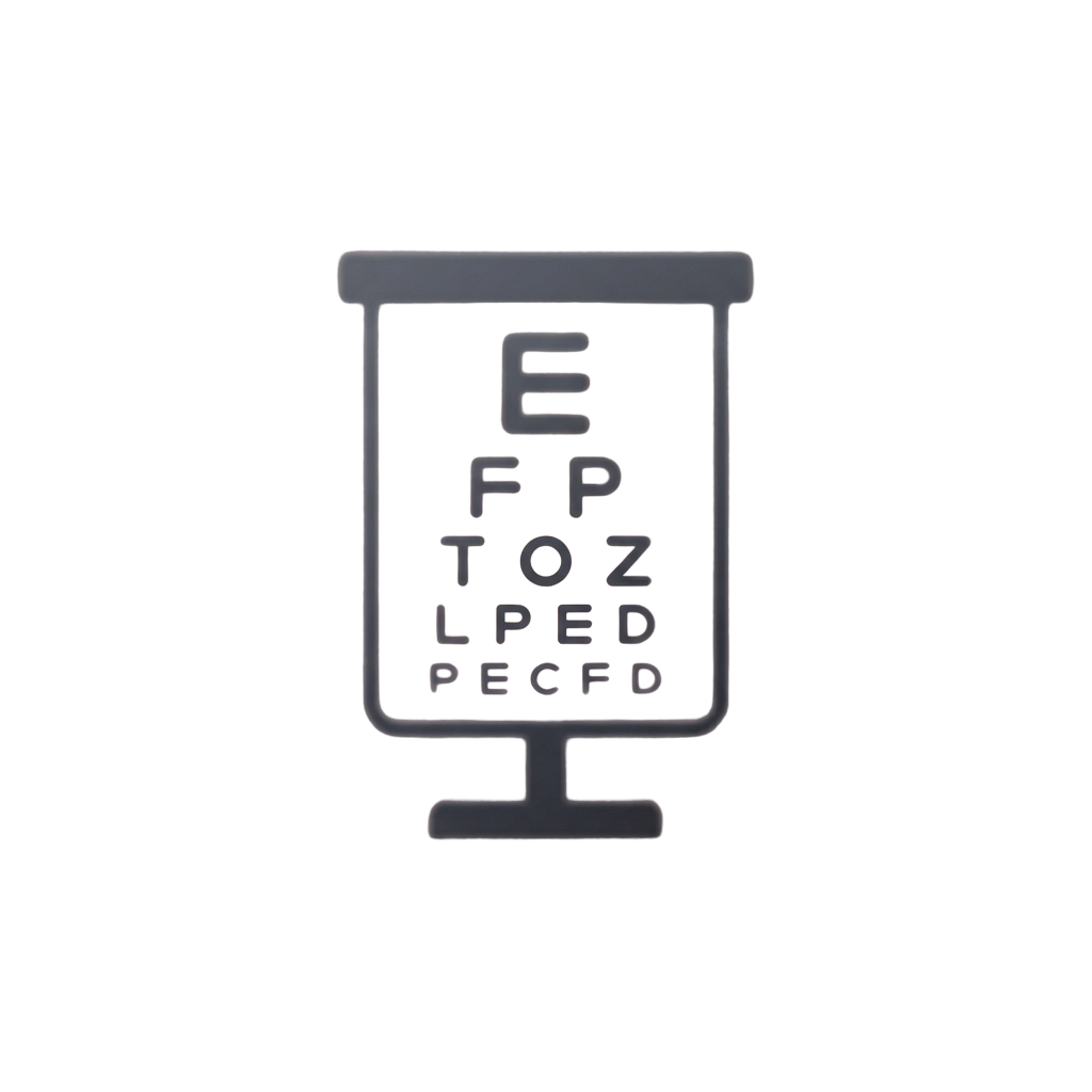Close-up of a blue-framed eye chart with letters E, F, P, T, O, Z, L, P, E, D, C, F, D in descending sizes