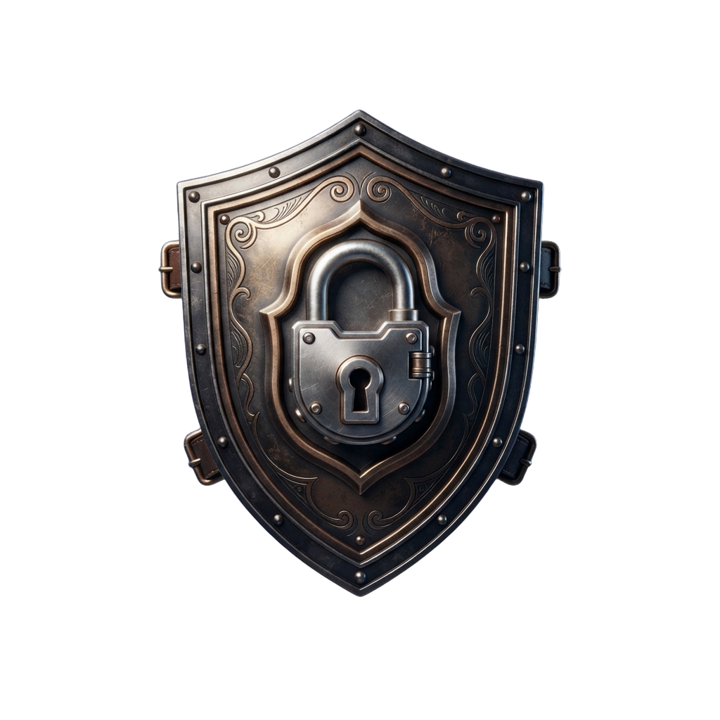 A stylized shield with an ornate lock symbol in the center, rendered in metallic tones.