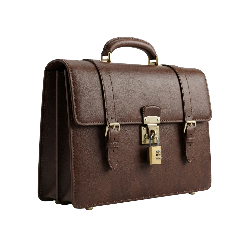 A brown leather briefcase featuring a lock and sturdy handles for secure carrying