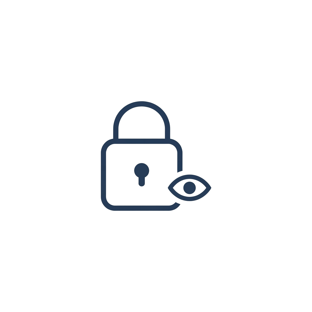 A blue outline of a padlock with a small eye symbol next to it on a dark background