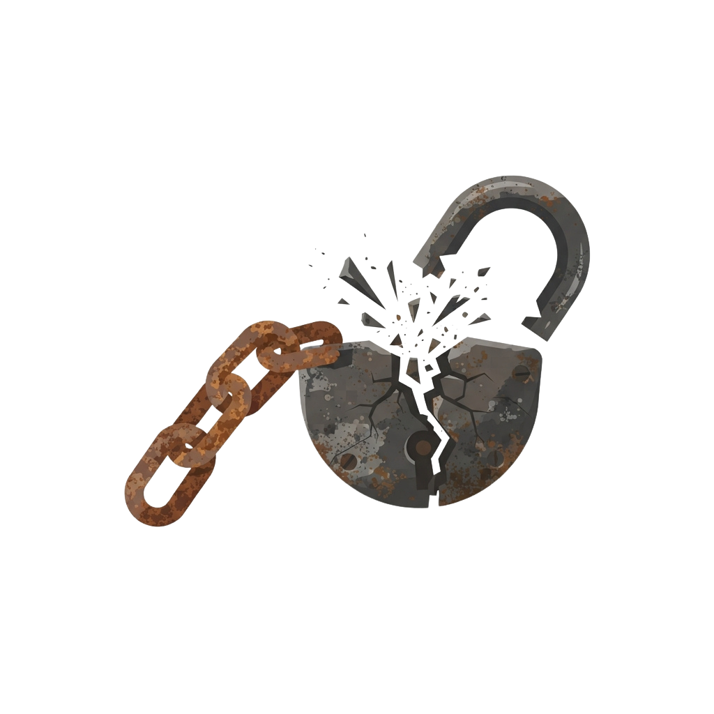 A broken padlock with a rusted chain lying beside it on a dark background