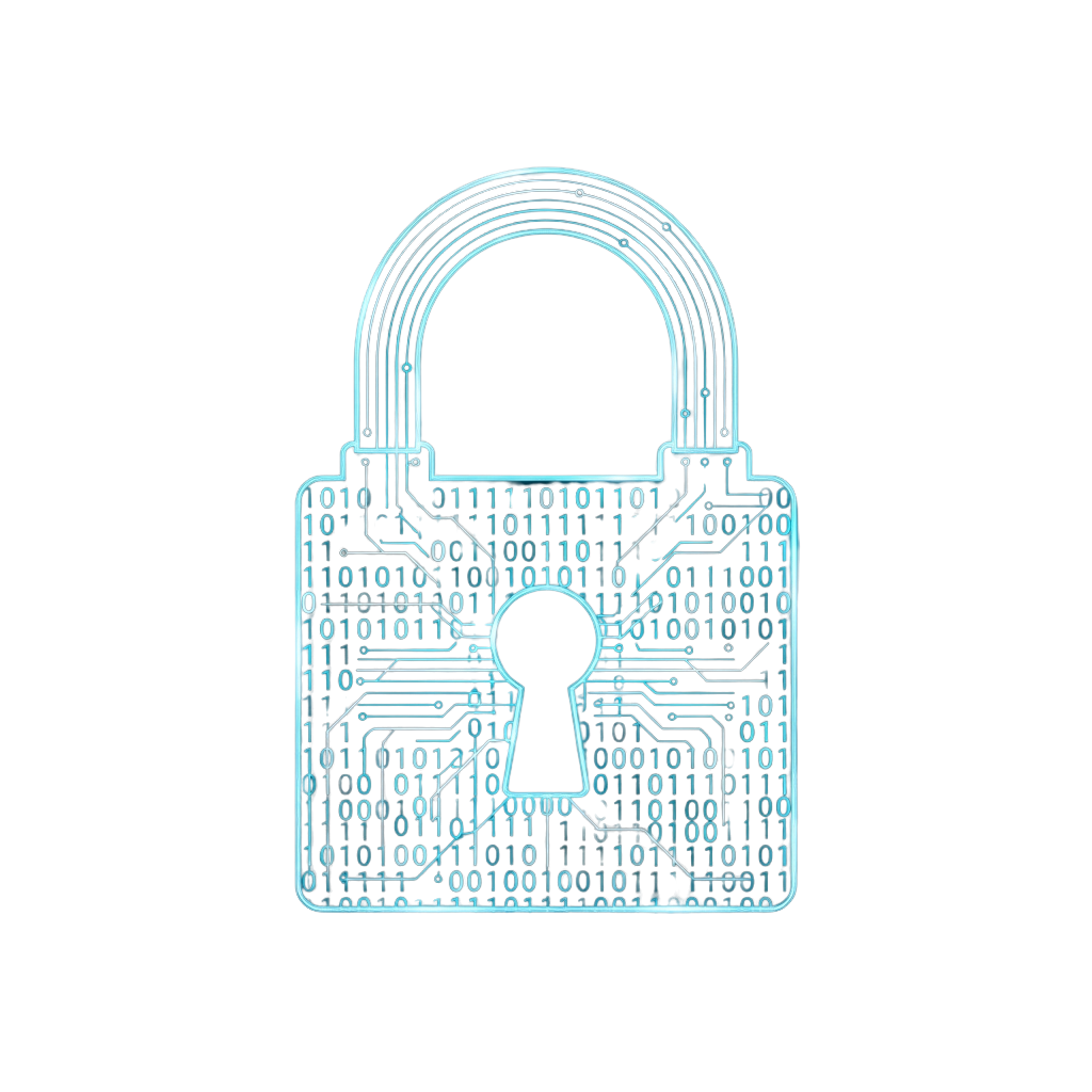 A glowing blue padlock with a keyhole, filled with binary code patterns on a black background