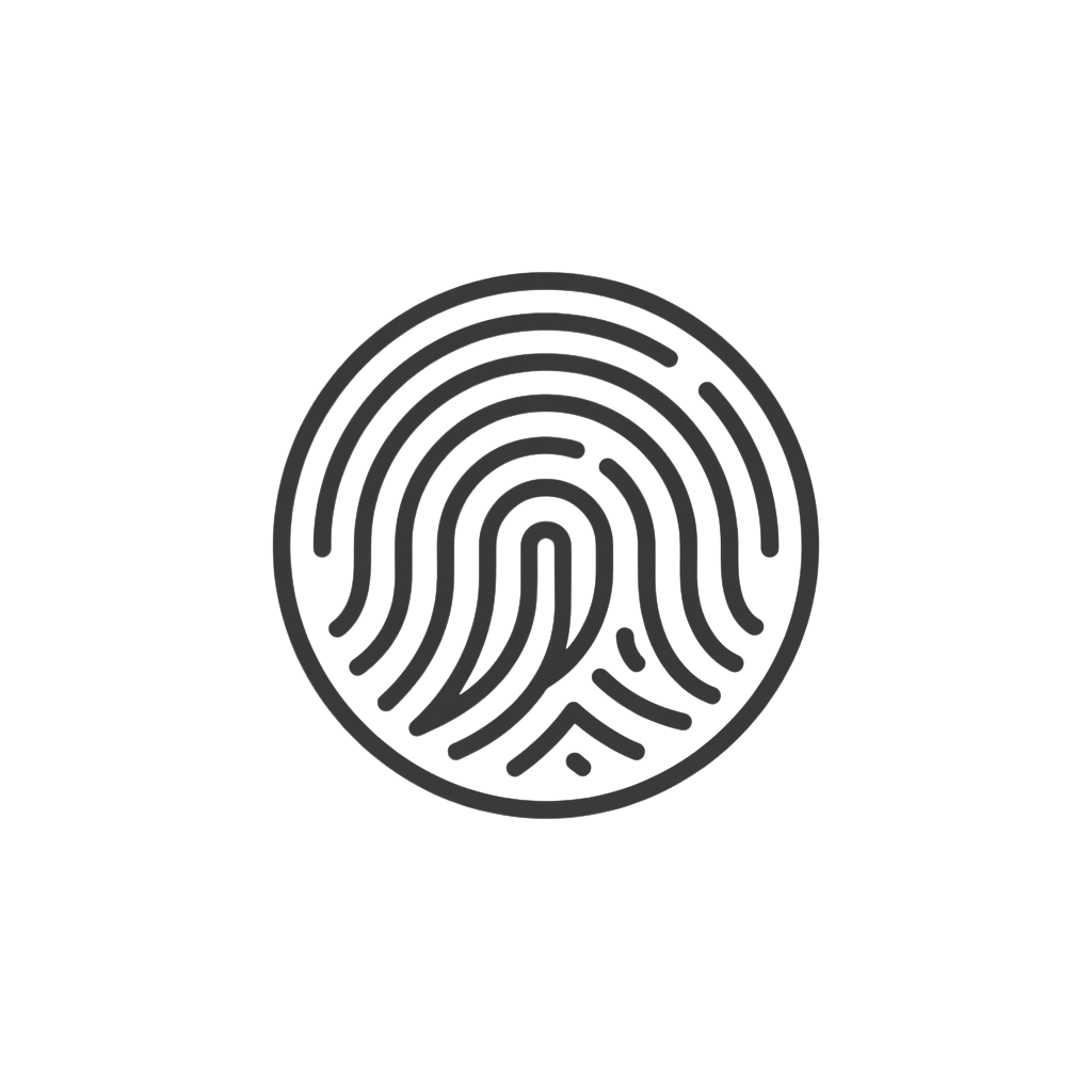 A grayscale fingerprint pattern centered on a circular background