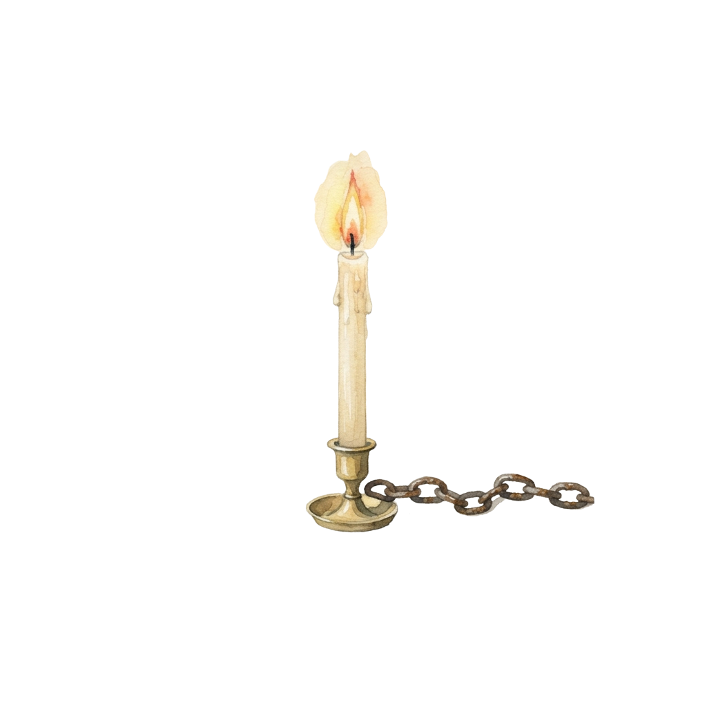 A single lit candle in a brass holder with a chain