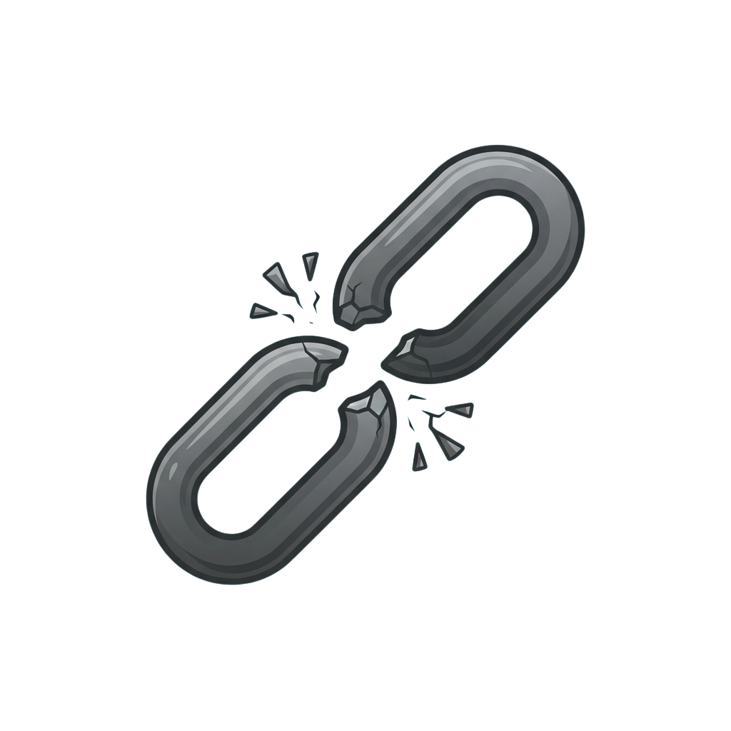 A gray chain link broken in two with cracks and shards