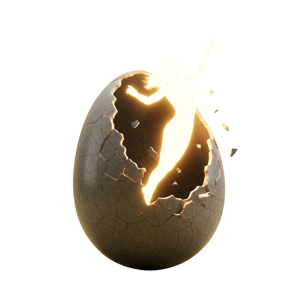 Silhouette of a person coming out of a broken egg