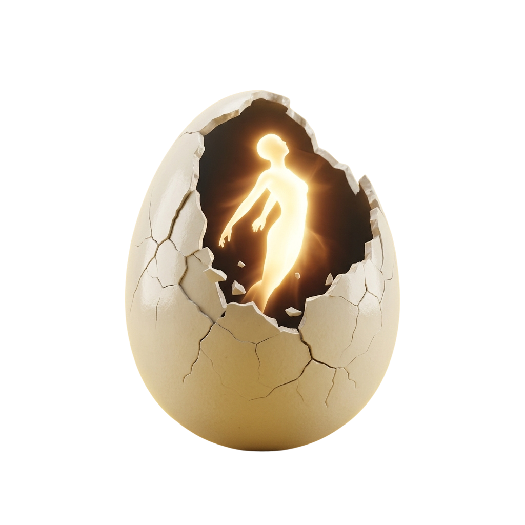 Glowing human figure stepping out of a broken egg