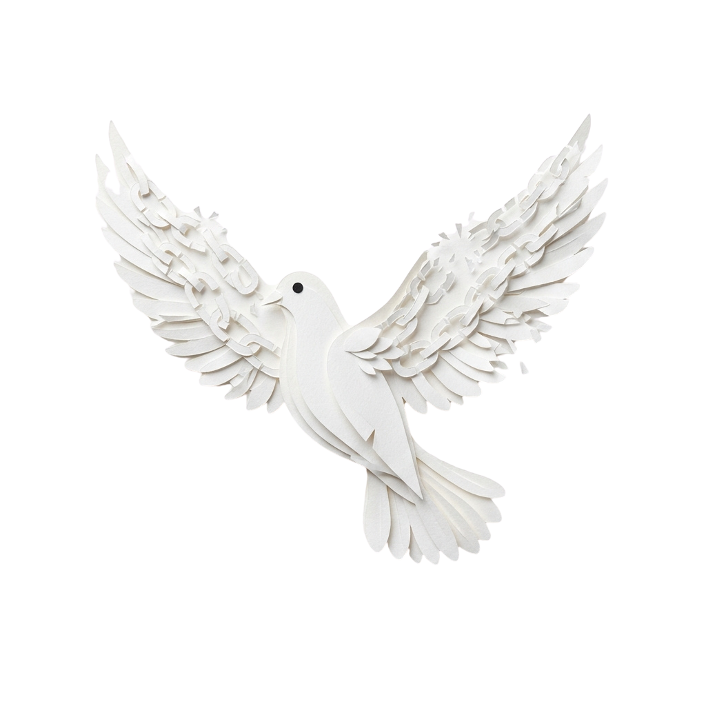 A white dove with outstretched wings on a black background
